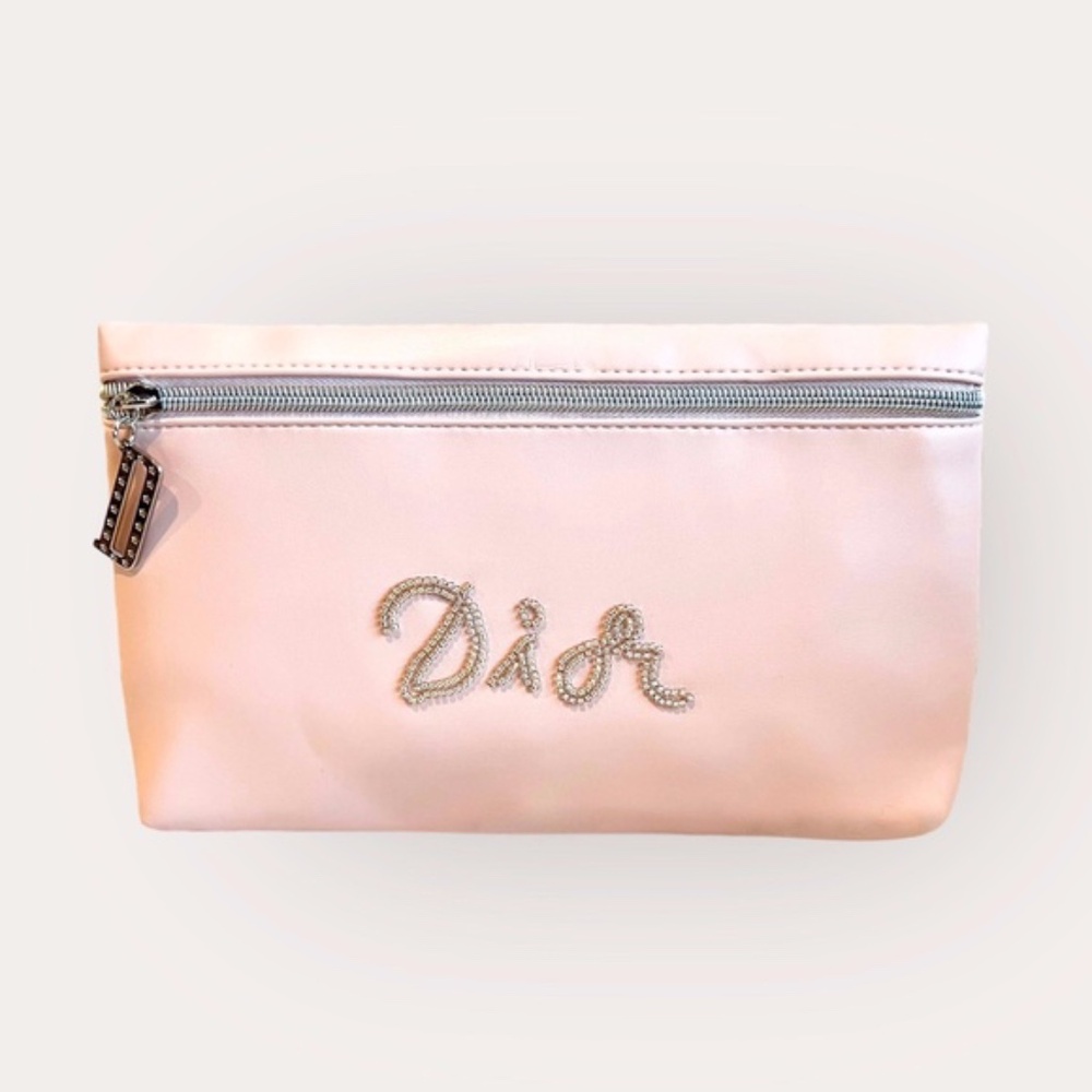 Dior Pink Clutch Zipper Pouch with Beaded Dior Logo